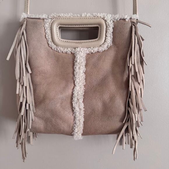 Maje Sheepskin Sherpa Fringe Crossbody Handbag Nude Natural Cream - Picture 1 of 9